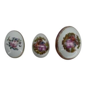 Lot of 3 Limoges France Mini Porcelain Trinket Boxes Oval Egg Floral & Romantic